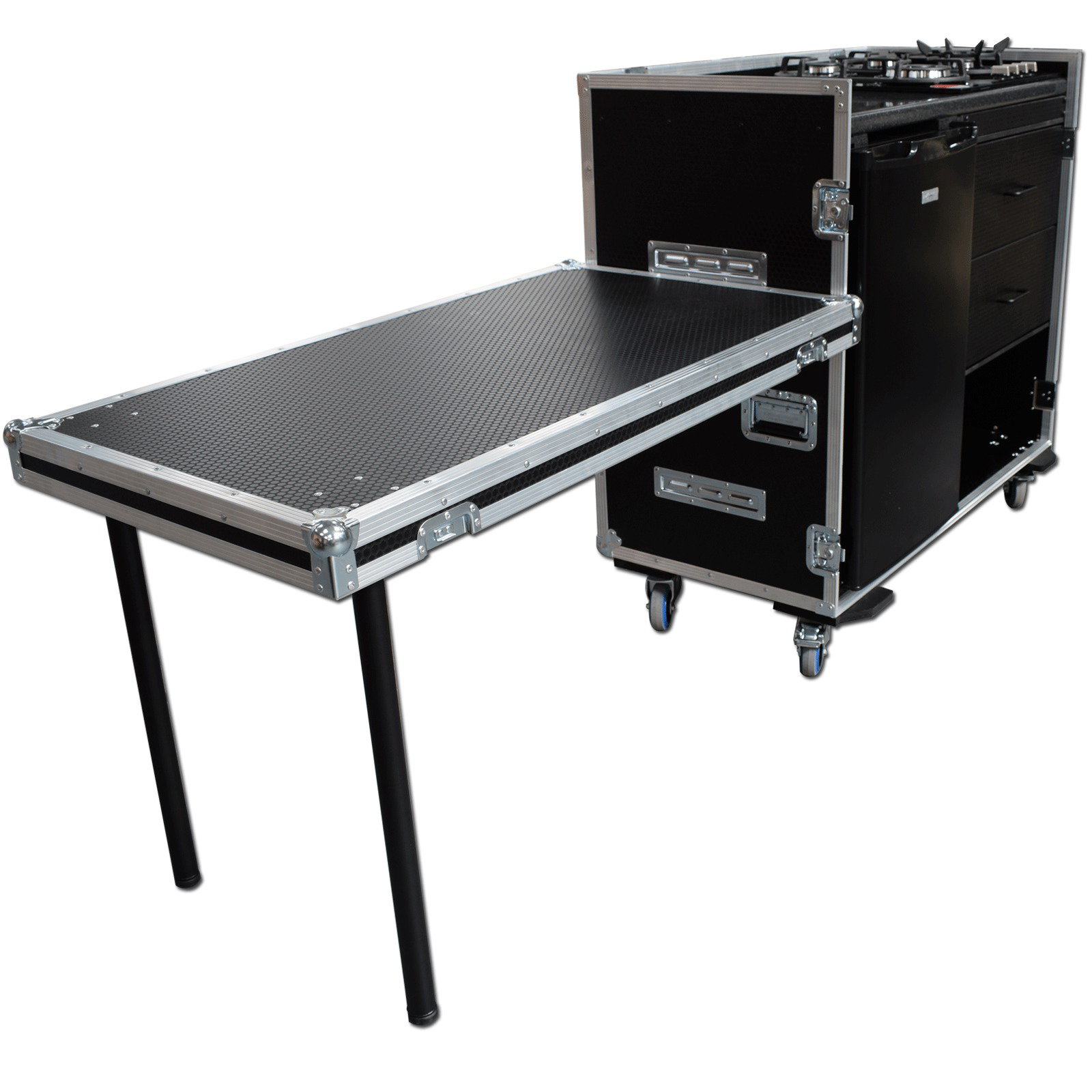 Custom production flight case with large fridge gas hob